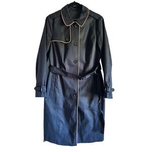 Talbots Navy Belted Trench Coat with Tan Piping Size Medium